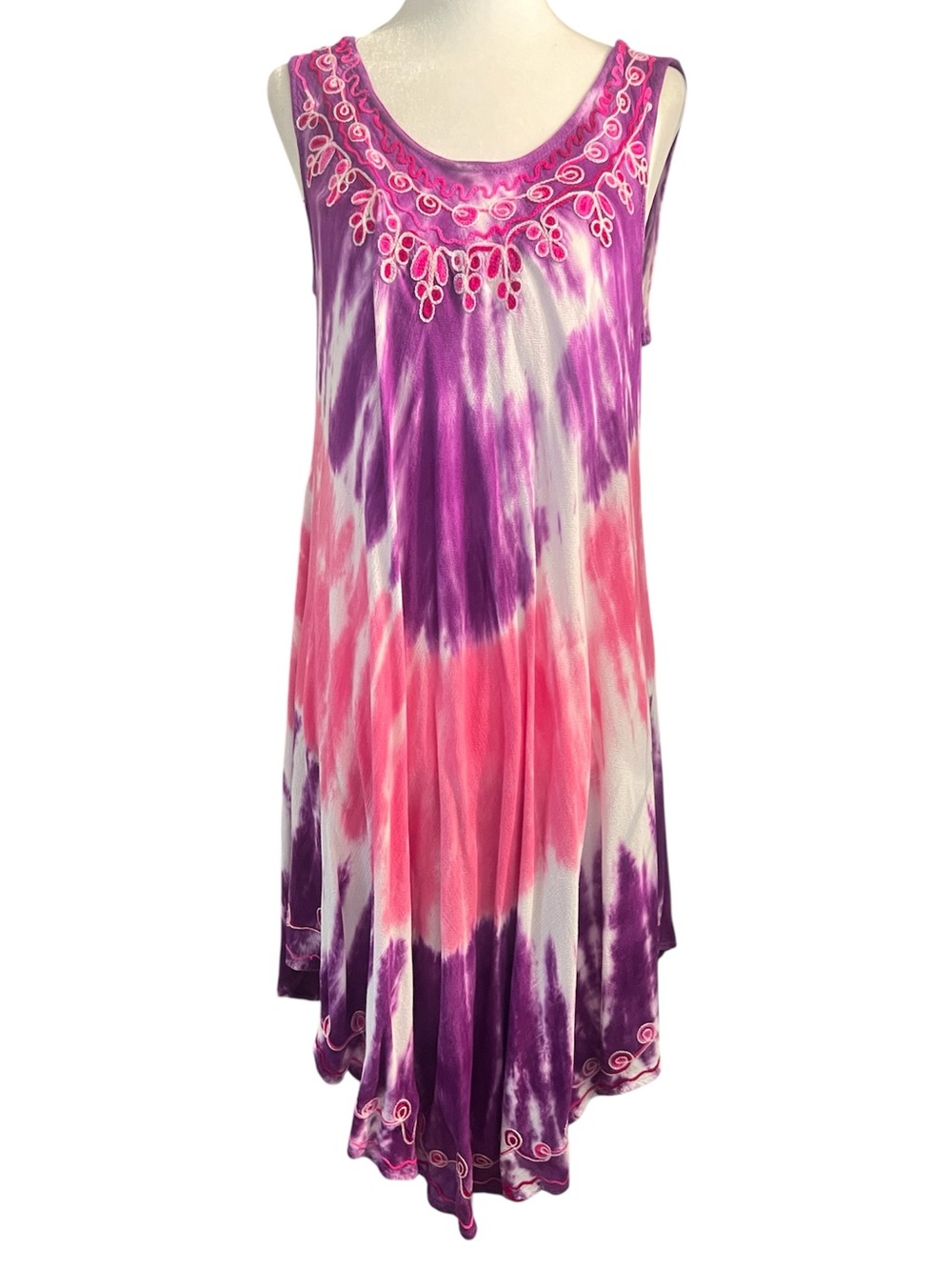 Vintage Y2K Tie Dye Embroidered Bohemian Hippie Flowy Festival Midi Dress L